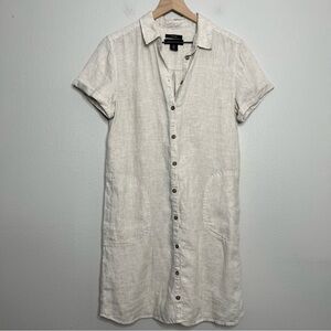 Tahari Women 100% Linen Dress Small Shirt Short Sleeve Tan Pockets Summer
